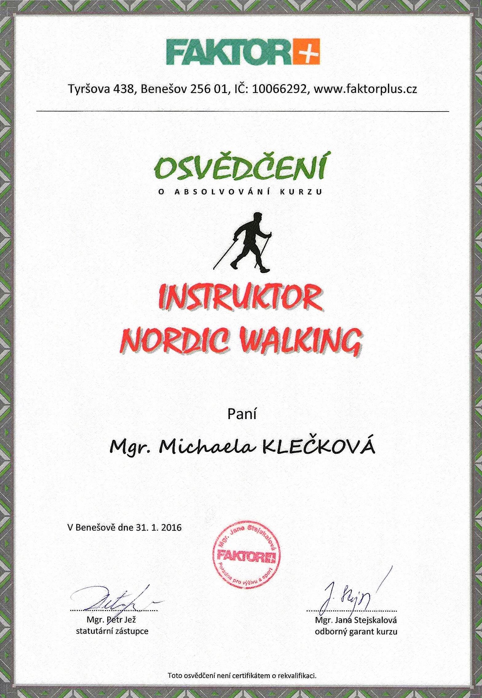 Instruktor Nordic walking - Mgr. Michaela Hrdličková Klečková