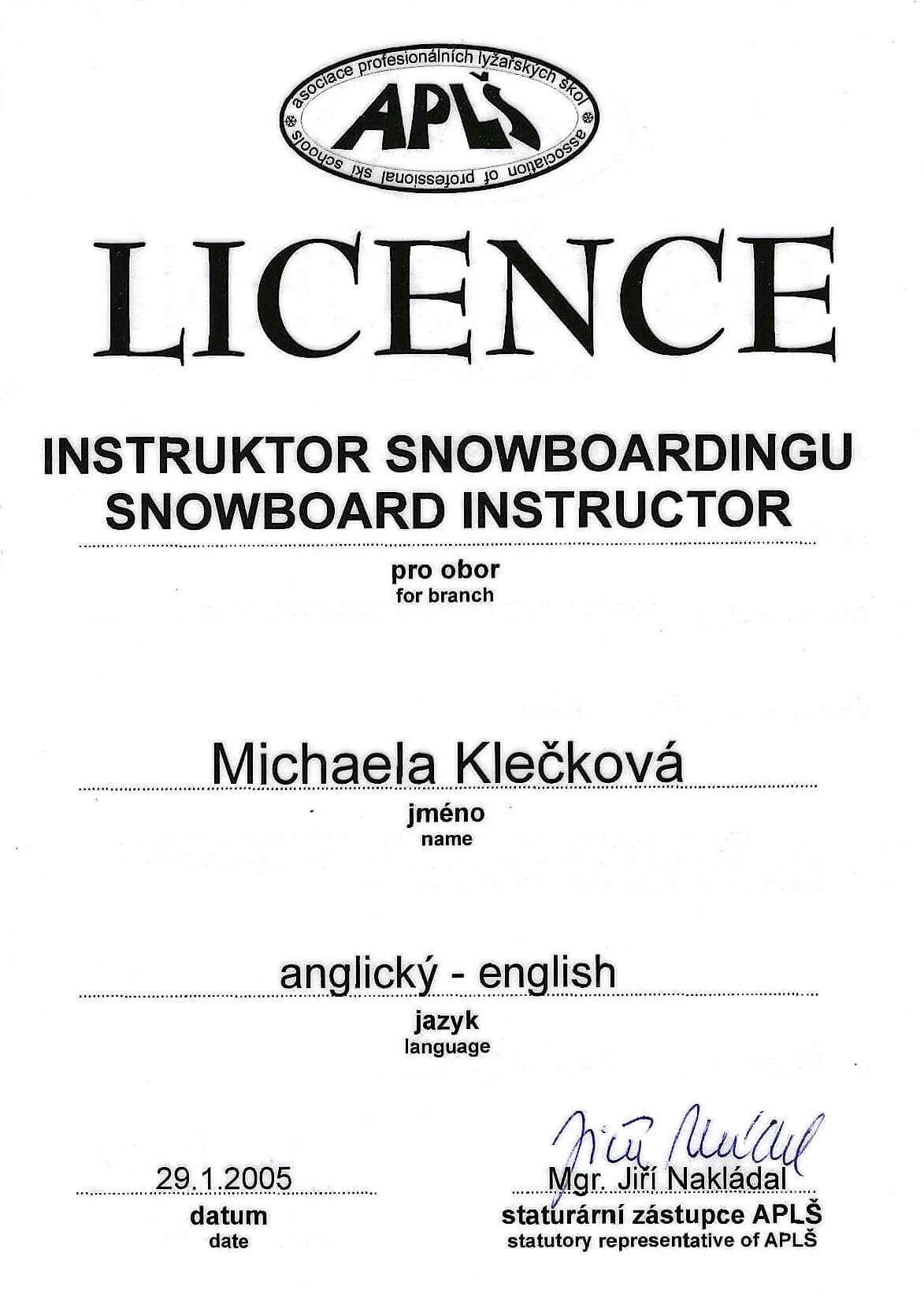 Instruktor snowboardingu - Mgr. Michaela Hrdličková Klečková